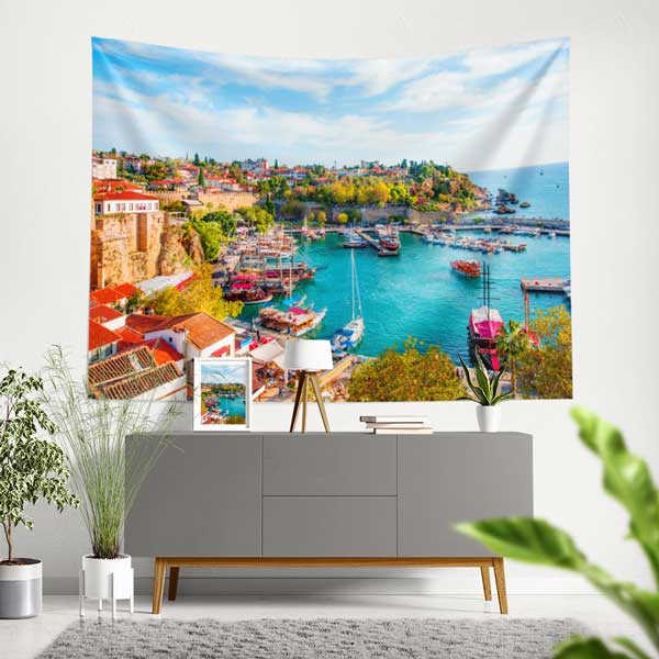 Renkli Sahil Yerleşimi ve Marina Manzarası Duvar Örtüsü 11669