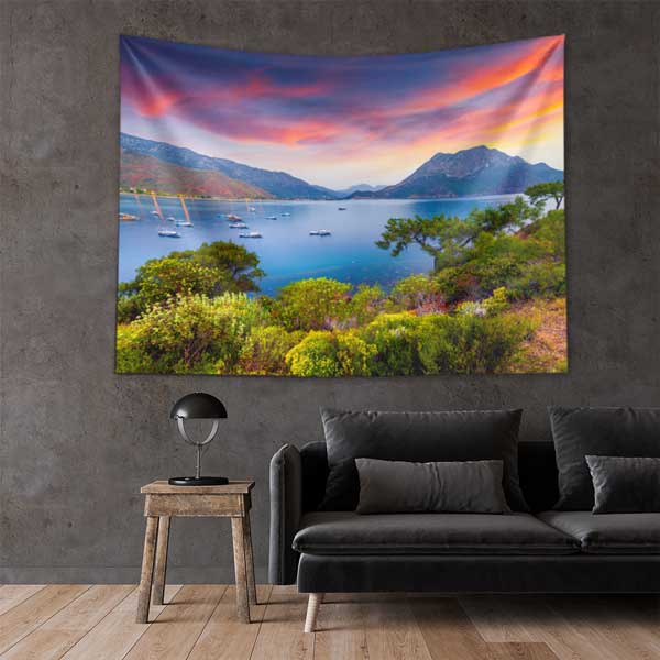 Gün Batımında Koy ve Dağ Manzarası Duvar Örtüsü 11702