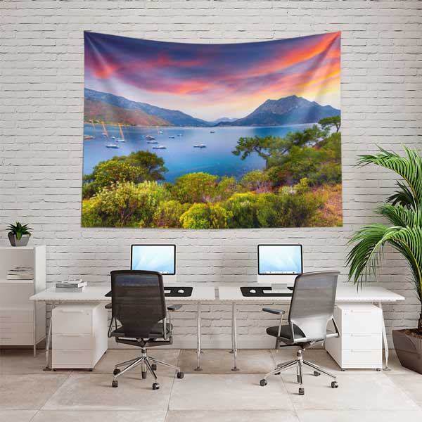 Gün Batımında Koy ve Dağ Manzarası Duvar Örtüsü 11702