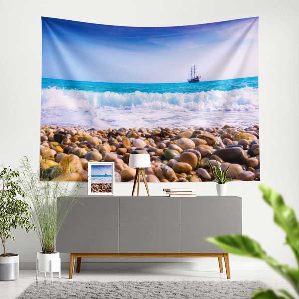 Çakıllı Sahil ve Dalgalı Deniz Manzarası Duvar Örtüsü 11707