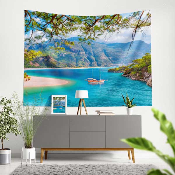 Turkuaz Koy, Dağlar ve Tekneli Manzara Duvar Örtüsü 11712