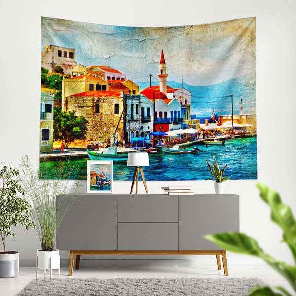 Renkli Sahil Kasabası Liman Manzarası Duvar Örtüsü 11715