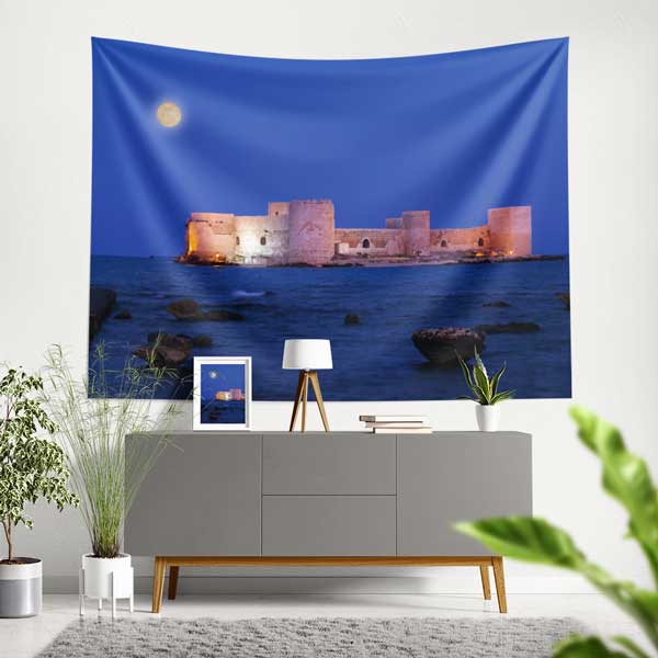 Kızkalesi Gece Manzarası Duvar Örtüsü Kumaş Baskı 11718