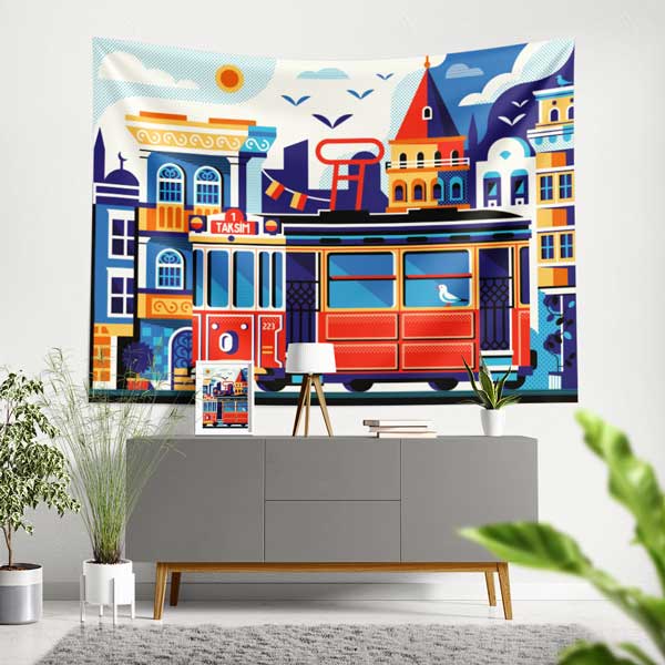 Renkli İstanbul Tramvayı ve Şehir İllüstrasyonu Duvar Örtüsü Kumaş Baskı 11736