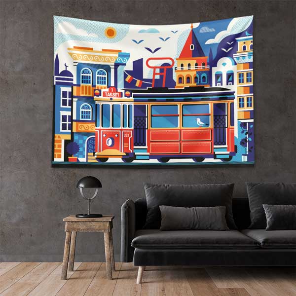 Renkli İstanbul Tramvayı ve Şehir İllüstrasyonu Duvar Örtüsü Kumaş Baskı 11736