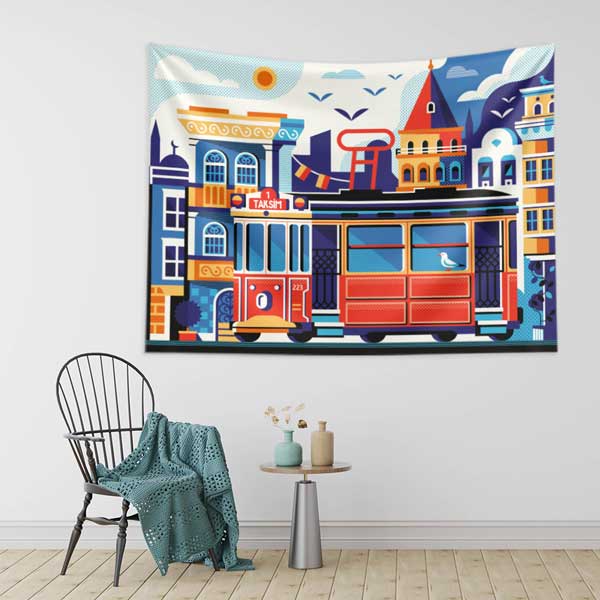 Renkli İstanbul Tramvayı ve Şehir İllüstrasyonu Duvar Örtüsü Kumaş Baskı 11736