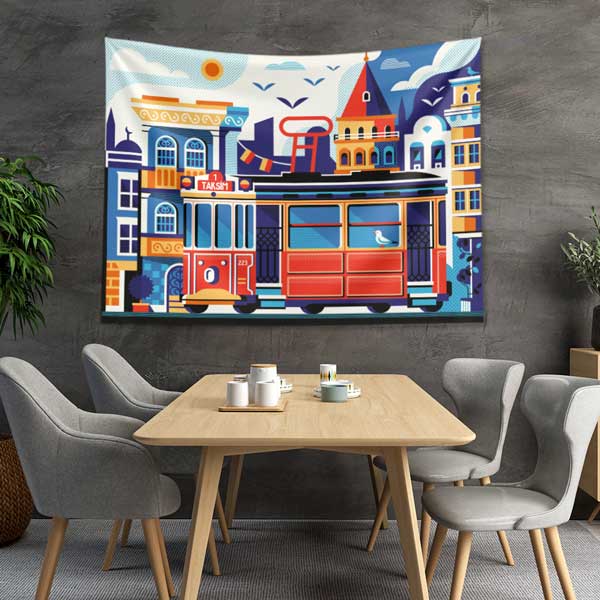 Renkli İstanbul Tramvayı ve Şehir İllüstrasyonu Duvar Örtüsü Kumaş Baskı 11736