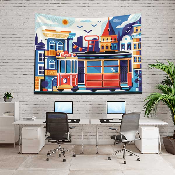Renkli İstanbul Tramvayı ve Şehir İllüstrasyonu Duvar Örtüsü Kumaş Baskı 11736