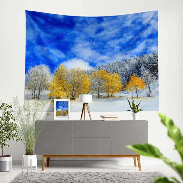 Karlı Doğada Sarı Ağaçlar Manzaralı Duvar Örtüsü Kumaş Baskı 11754
