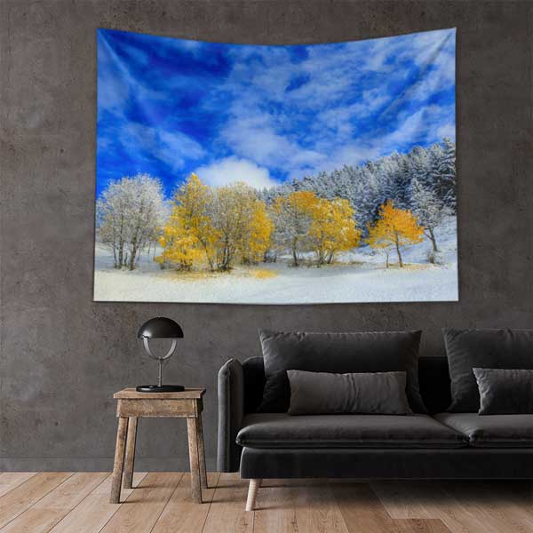 Karlı Doğada Sarı Ağaçlar Manzaralı Duvar Örtüsü Kumaş Baskı 11754