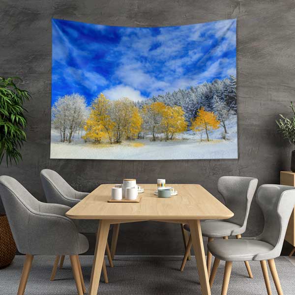 Karlı Doğada Sarı Ağaçlar Manzaralı Duvar Örtüsü Kumaş Baskı 11754