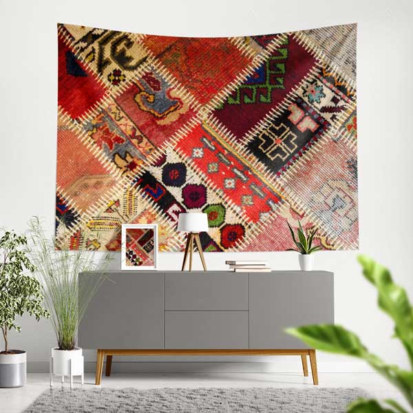 Patchwork Anadolu Kilim Desenli Duvar Örtüsü Kumaş Baskı 11775