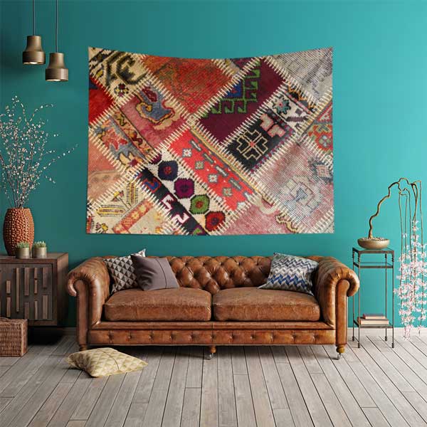 Patchwork Anadolu Kilim Desenli Duvar Örtüsü Kumaş Baskı 11775