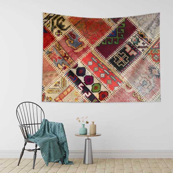 Patchwork Anadolu Kilim Desenli Duvar Örtüsü Kumaş Baskı 11775