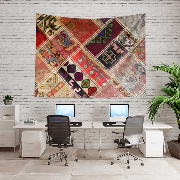 Patchwork Anadolu Kilim Desenli Duvar Örtüsü Kumaş Baskı 11775