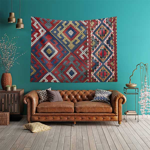 Anadolu Kilim Motifli Geometrik Desenli Duvar Örtüsü Kumaş Baskı 11776