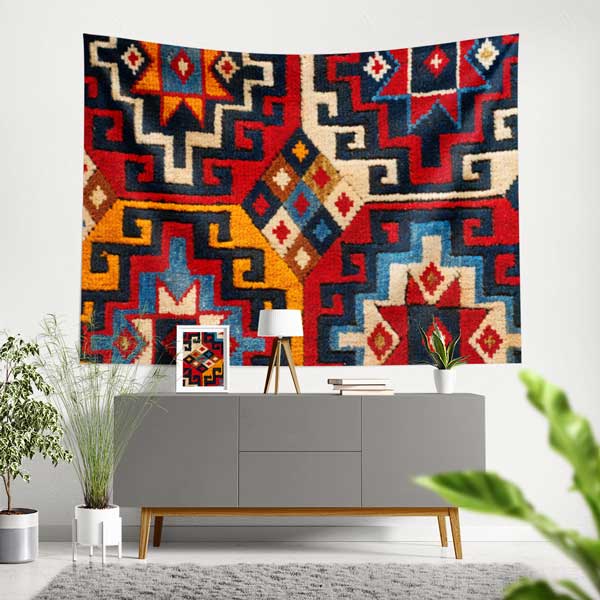 Anadolu Kilim Motifli Geometrik Desen Duvar Örtüsü Kumaş Baskı 11778