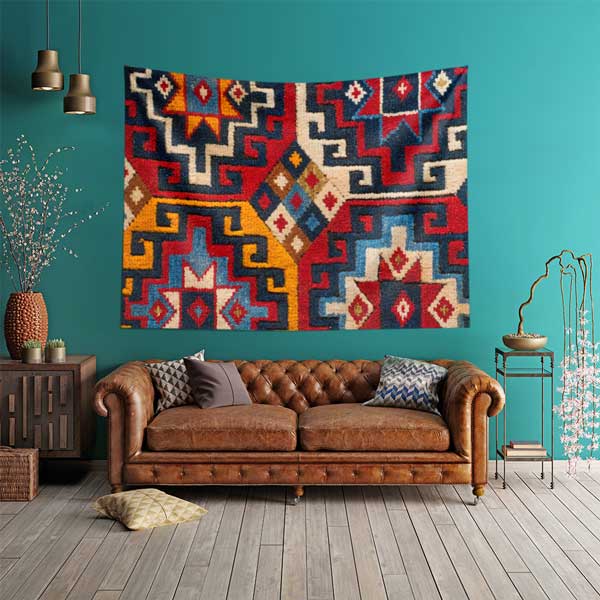 Anadolu Kilim Motifli Geometrik Desen Duvar Örtüsü Kumaş Baskı 11778