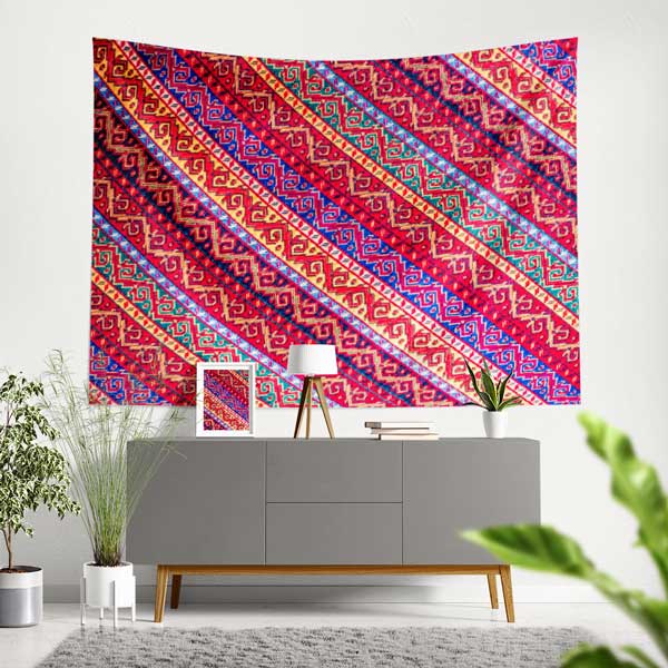 Çapraz Kilim Desenli Geleneksel Duvar Örtüsü Kumaş Baskı 11780