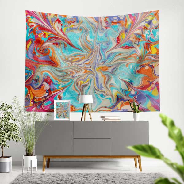 Geleneksel Ebru Sanatı Esintili Renkli Duvar Örtüsü Kumaş Baskı 11783