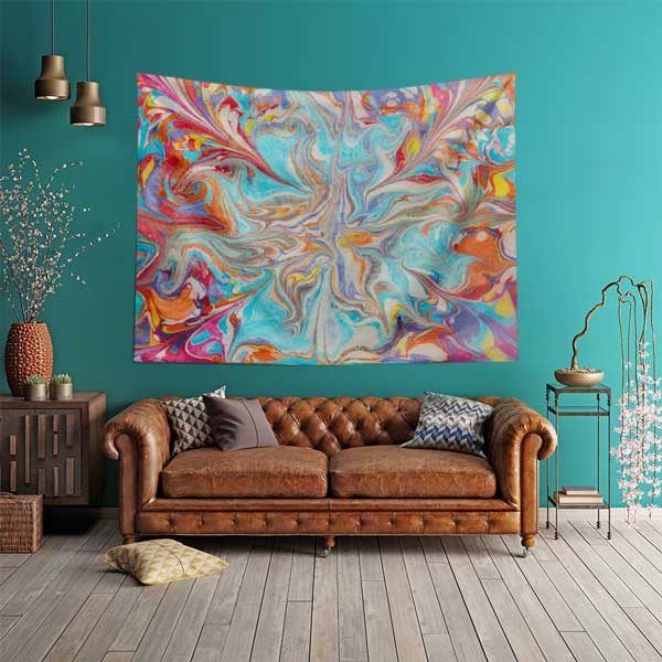 Geleneksel Ebru Sanatı Esintili Renkli Duvar Örtüsü Kumaş Baskı 11783