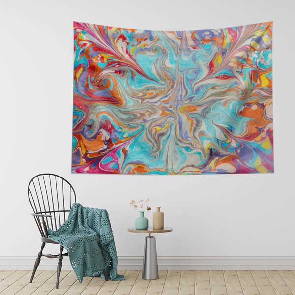 Geleneksel Ebru Sanatı Esintili Renkli Duvar Örtüsü Kumaş Baskı 11783