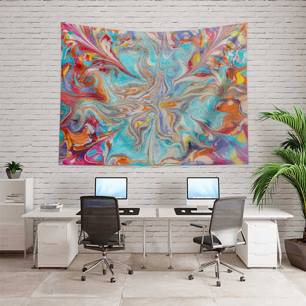 Geleneksel Ebru Sanatı Esintili Renkli Duvar Örtüsü Kumaş Baskı 11783