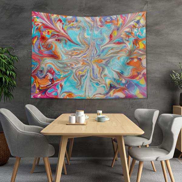 Geleneksel Ebru Sanatı Esintili Renkli Duvar Örtüsü Kumaş Baskı 11783