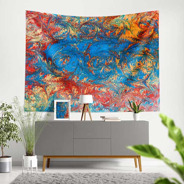 Geleneksel Ebru Sanatı Mavi Kırmızı Desenli Duvar Örtüsü Kumaş Baskı 11785