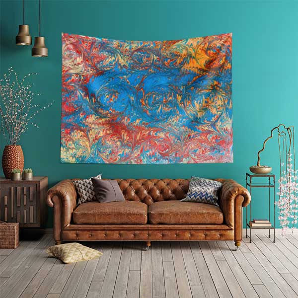 Geleneksel Ebru Sanatı Mavi Kırmızı Desenli Duvar Örtüsü Kumaş Baskı 11785