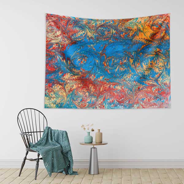 Geleneksel Ebru Sanatı Mavi Kırmızı Desenli Duvar Örtüsü Kumaş Baskı 11785