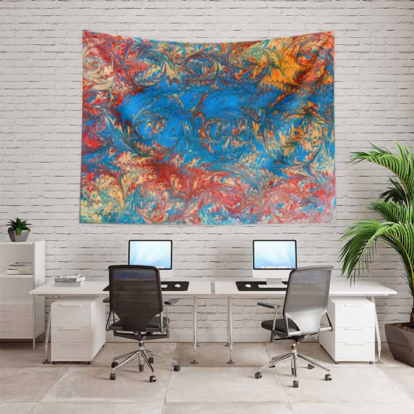 Geleneksel Ebru Sanatı Mavi Kırmızı Desenli Duvar Örtüsü Kumaş Baskı 11785