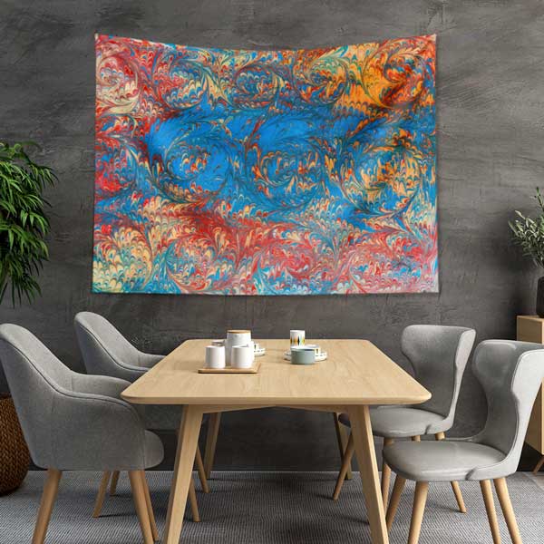 Geleneksel Ebru Sanatı Mavi Kırmızı Desenli Duvar Örtüsü Kumaş Baskı 11785