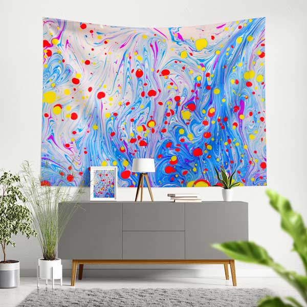 Renkli Damla Detaylı Ebru Esintili Duvar Örtüsü Kumaş Baskı 11788