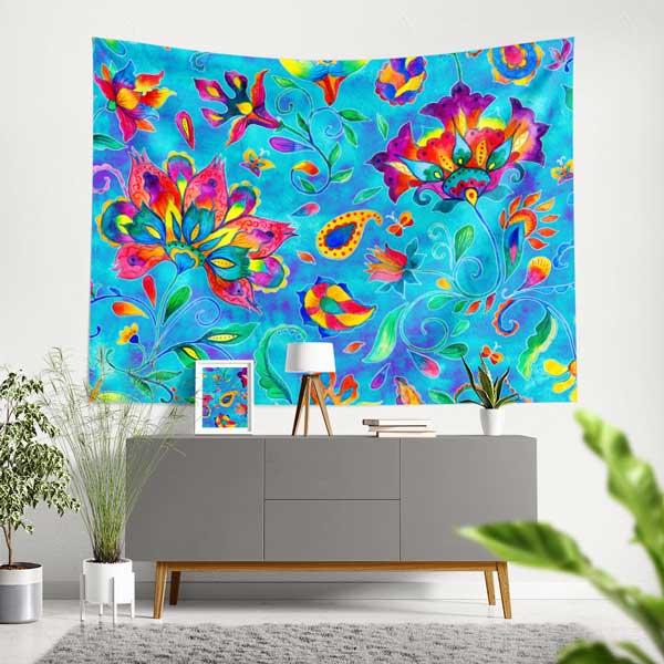 Renkli Çiçek Motifli Ebru Desenli Duvar Örtüsü Kumaş Baskı 11794