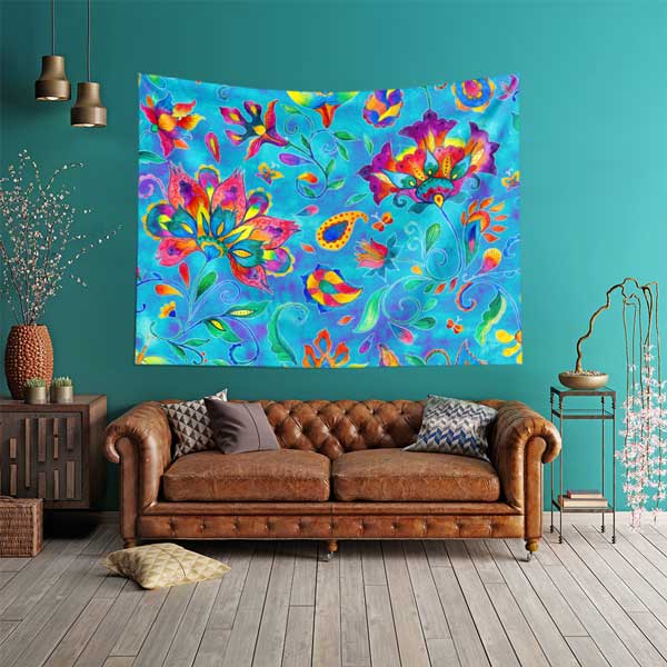 Renkli Çiçek Motifli Ebru Desenli Duvar Örtüsü Kumaş Baskı 11794