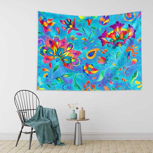 Renkli Çiçek Motifli Ebru Desenli Duvar Örtüsü Kumaş Baskı 11794