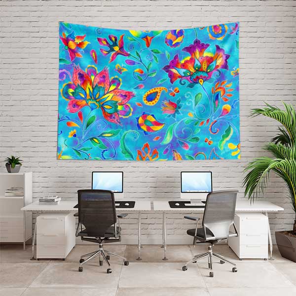 Renkli Çiçek Motifli Ebru Desenli Duvar Örtüsü Kumaş Baskı 11794