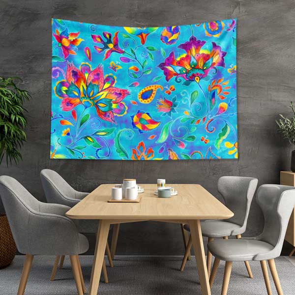 Renkli Çiçek Motifli Ebru Desenli Duvar Örtüsü Kumaş Baskı 11794