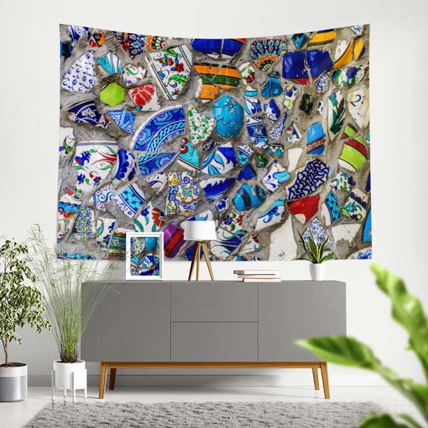 Mavi Ağırlıklı Çini Mozaik Desenli Duvar Örtüsü Kumaş Baskı 11796