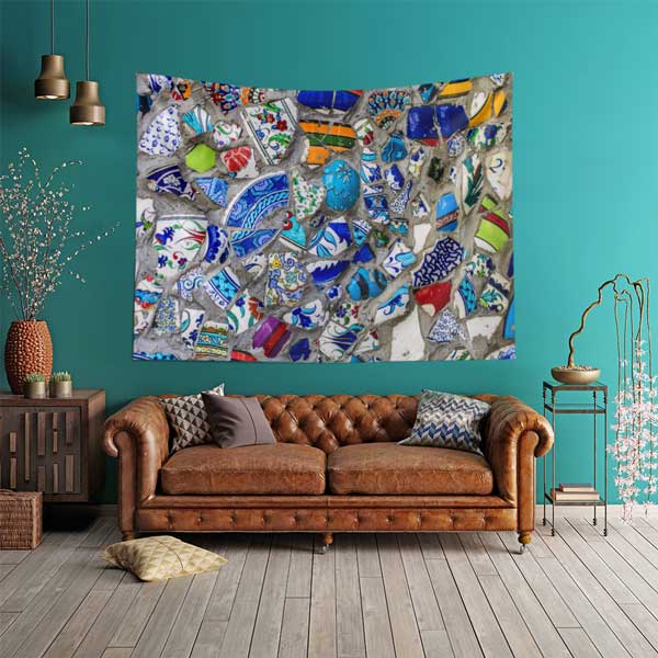 Mavi Ağırlıklı Çini Mozaik Desenli Duvar Örtüsü Kumaş Baskı 11796