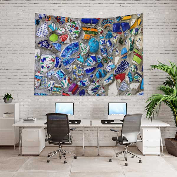 Mavi Ağırlıklı Çini Mozaik Desenli Duvar Örtüsü Kumaş Baskı 11796