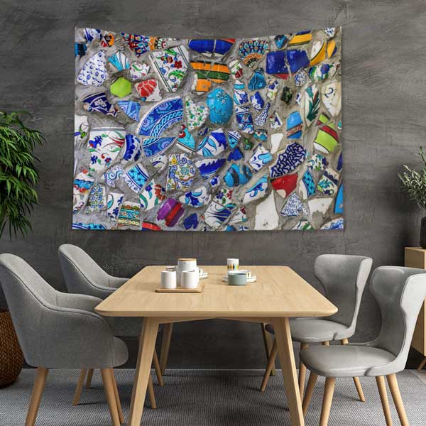 Mavi Ağırlıklı Çini Mozaik Desenli Duvar Örtüsü Kumaş Baskı 11796