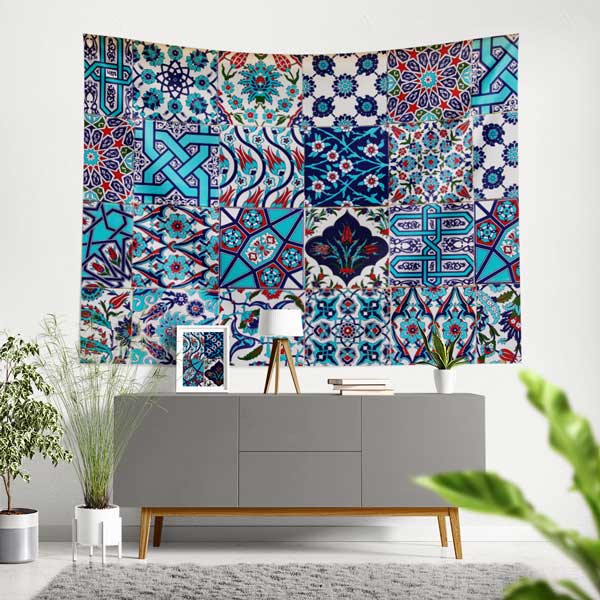 Geometrik ve Çini Motifli Desen Kolaj Duvar Örtüsü Kumaş Baskı 11797