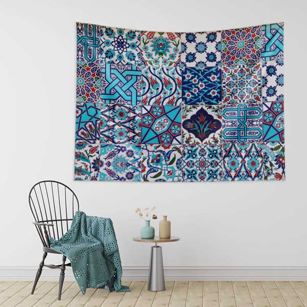 Geometrik ve Çini Motifli Desen Kolaj Duvar Örtüsü Kumaş Baskı 11797