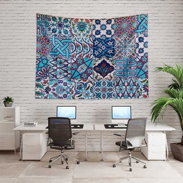 Geometrik ve Çini Motifli Desen Kolaj Duvar Örtüsü Kumaş Baskı 11797