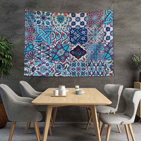 Geometrik ve Çini Motifli Desen Kolaj Duvar Örtüsü Kumaş Baskı 11797