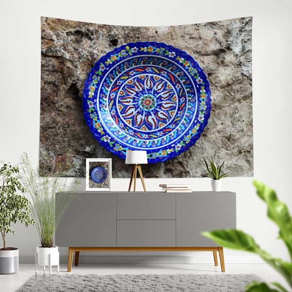 Mavi Çini Tabak Motifli Dairesel Desen Duvar Örtüsü Kumaş Baskı 11799