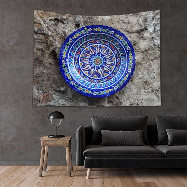 Mavi Çini Tabak Motifli Dairesel Desen Duvar Örtüsü Kumaş Baskı 11799