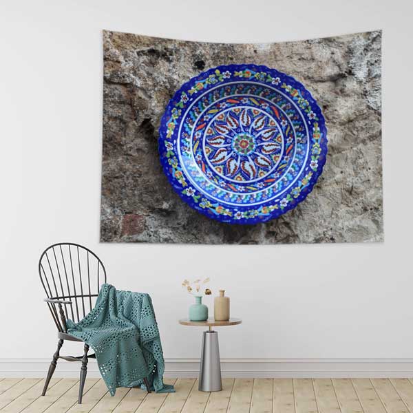 Mavi Çini Tabak Motifli Dairesel Desen Duvar Örtüsü Kumaş Baskı 11799